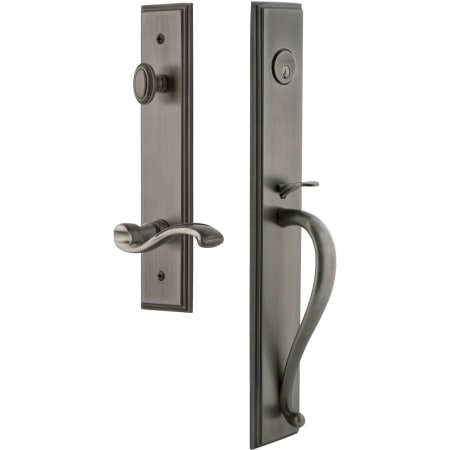 Grandeur Carre Solid Brass Rose Left Handed Keyed Entry Single Cylinder "S" Grip Handleset with Portofino Lever and 2-3/4" Backset Antique Pewter