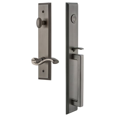 Grandeur Carre Solid Brass Rose Right Handed Keyed Entry Single Cylinder Full Plate "D" Grip Handleset with Portofino Lever and 2-3/8" Backset Antique Pewter