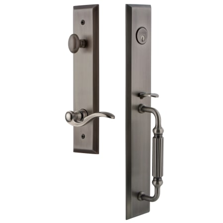 Grandeur Fifth Avenue Solid Brass Rose Left Handed Keyed Entry Single Cylinder Full Plate "F" Grip Handleset with Bellagio Lever and 2-3/8" Backset Antique Pewter