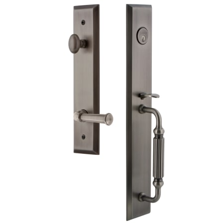 Grandeur Fifth Avenue Solid Brass Rose Right Handed Keyed Entry Single Cylinder Full Plate "F" Grip Handleset with Georgetown Lever and 2-3/4" Backset Antique Pewter