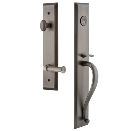 Grandeur Fifth Avenue Solid Brass Rose Left Handed Keyed Entry Single Cylinder Full Plate "S" Grip Handleset with Georgetown Lever and 2-3/8" Backset Antique Pewter