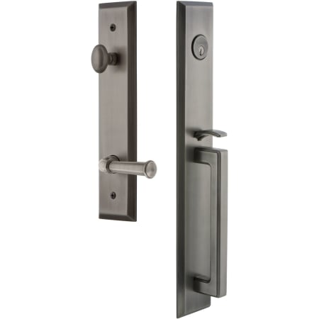 Grandeur Fifth Avenue Solid Brass Rose Right Handed Keyed Entry Single Cylinder "D" Grip Handleset with Georgetown Lever and 2-3/8" Backset Antique Pewter