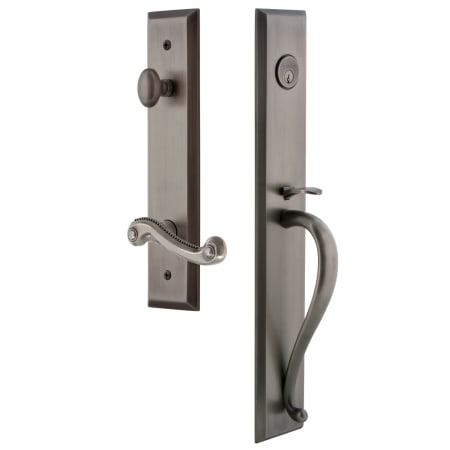 Grandeur Fifth Avenue Solid Brass Rose Right Handed Keyed Entry Single Cylinder Full Plate "S" Grip Handleset with Newport Lever and 2-3/4" Backset Antique Pewter