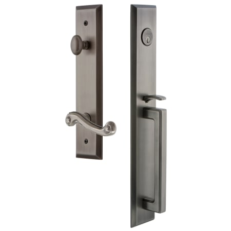 Grandeur Fifth Avenue Solid Brass Rose Right Handed Keyed Entry Single Cylinder Full Plate "D" Grip Handleset with Newport Lever and 2-3/8" Backset Antique Pewter