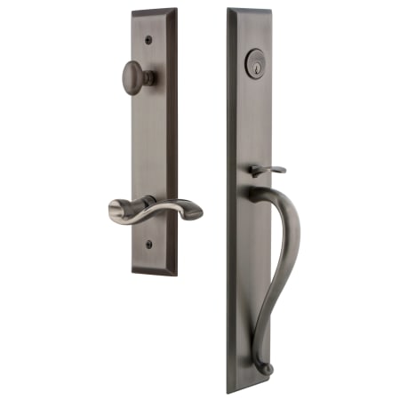 Grandeur Fifth Avenue Solid Brass Rose Right Handed Keyed Entry Single Cylinder Full Plate "S" Grip Handleset with Portofino Lever and 2-3/8" Backset Antique Pewter