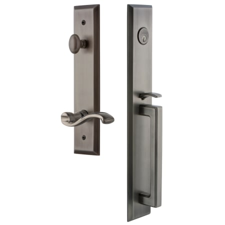 Grandeur Fifth Avenue Solid Brass Rose Right Handed Keyed Entry Single Cylinder Full Plate "D" Grip Handleset with Portofino Lever and 2-3/8" Backset Antique Pewter