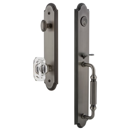 Grandeur Arc Solid Brass Rose Dummy Full Plate "F" Grip Handleset with Baguette Clear Crystal Knob Antique Pewter