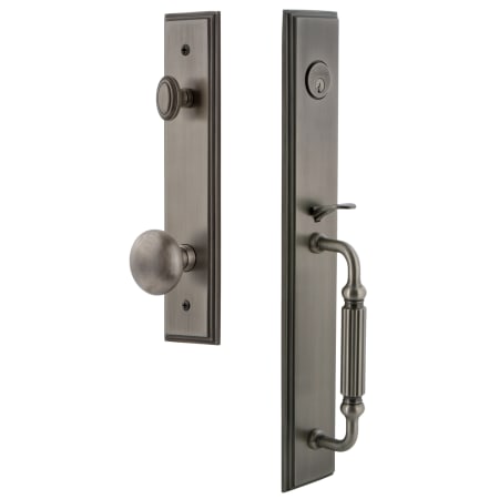 Grandeur Carre Solid Brass Rose Dummy Full Plate "F" Grip Handleset with Fifth Avenue Knob Antique Pewter