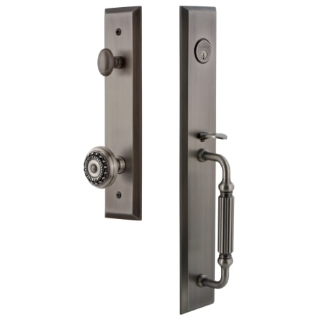 Grandeur Fifth Avenue Solid Brass Rose Dummy Full Plate "F" Grip Handleset with Parthenon Knob Antique Pewter