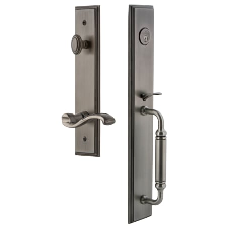 Grandeur Carre Solid Brass Rose Right Handed Dummy Full Plate "C" Grip Handleset with Portofino Lever Antique Pewter