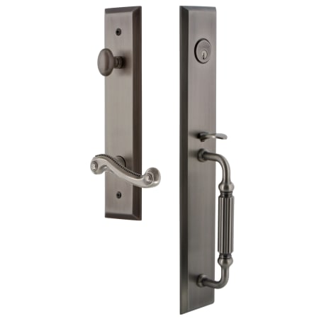 Grandeur Fifth Avenue Solid Brass Rose Left Handed Dummy Full Plate "F" Grip Handleset with Newport Lever Antique Pewter