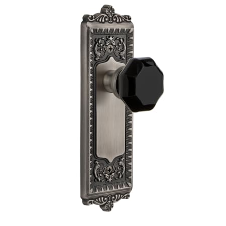 Grandeur Windsor Solid Brass Rose Passage Door Knob Set with Lyon Black Crystal Knob and 2-3/4" Backset Antique Pewter