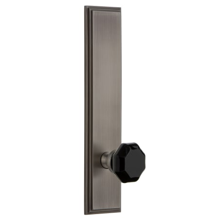 Grandeur Carre Solid Brass Tall Plate Left Handed Privacy Door Knob Set with Lyon Black Crystal Knob and 2-3/8" Backset Antique Pewter