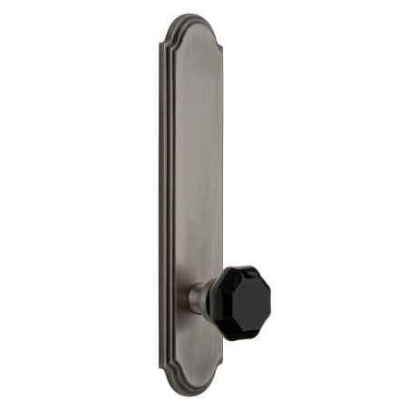 Grandeur Arc Solid Brass Tall Plate Right Handed Privacy Door Knob Set with Lyon Black Crystal Knob and 2-3/8" Backset Antique Pewter