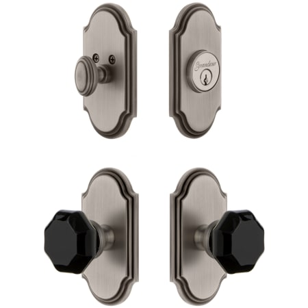Grandeur Arc Solid Brass Rose Single Cylinder Keyed Entry Deadbolt and Knobset Combo Pack with Lyon Black Crystal Knob and 2-3/8" Backset Antique Pewter