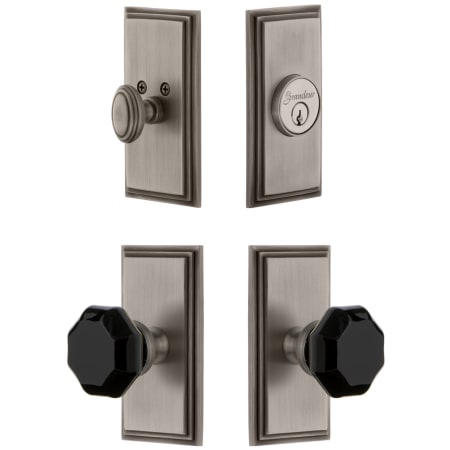 Grandeur Carre Solid Brass Rose Single Cylinder Keyed Entry Deadbolt and Knobset Combo Pack with Lyon Black Crystal Knob and 2-3/4" Backset Antique Pewter