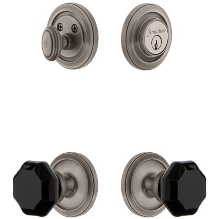 Grandeur Circulaire Solid Brass Rose Single Cylinder Keyed Entry Deadbolt and Knobset Combo Pack with Lyon Black Crystal Knob and 2-3/4" Backset Antique Pewter