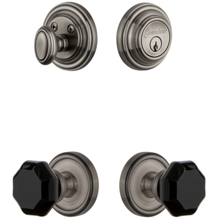 Grandeur Georgetown Solid Brass Rose Single Cylinder Keyed Entry Deadbolt and Knobset Combo Pack with Lyon Black Crystal Knob and 2-3/4" Backset Antique Pewter
