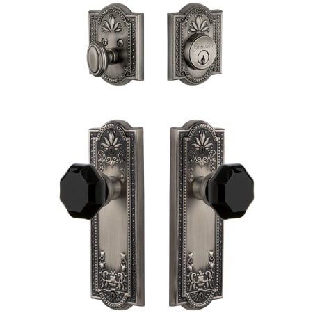 Grandeur Parthenon Solid Brass Rose Single Cylinder Keyed Entry Deadbolt and Knobset Combo Pack with Lyon Black Crystal Knob and 2-3/8" Backset Antique Pewter