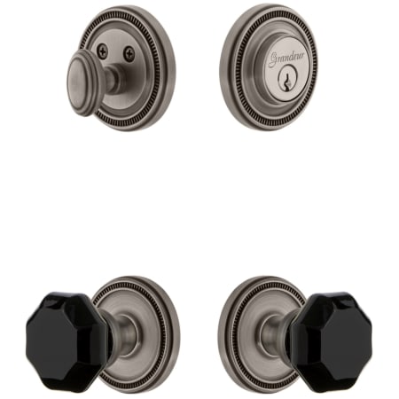 Grandeur Soleil Solid Brass Rose Single Cylinder Keyed Entry Deadbolt and Knobset Combo Pack with Lyon Black Crystal Knob and 2-3/8" Backset Antique Pewter