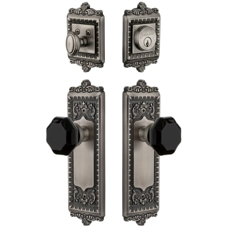 Grandeur Windsor Solid Brass Rose Single Cylinder Keyed Entry Deadbolt and Knobset Combo Pack with Lyon Black Crystal Knob and 2-3/8" Backset Antique Pewter