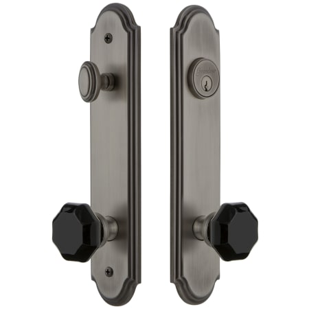 Grandeur Arc Solid Brass Rose Tall Plate Single Cylinder Keyed Entry Door Knob Set with Lyon Black Crystal Knob and 2-3/8" Backset Antique Pewter