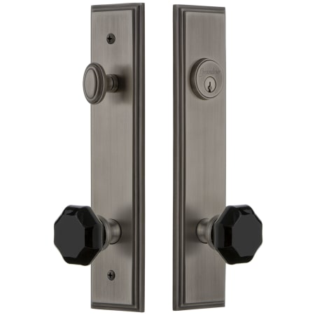 Grandeur Carre Solid Brass Rose Tall Plate Single Cylinder Keyed Entry Door Knob Set with Lyon Knob and 2-3/4" Backset Antique Pewter