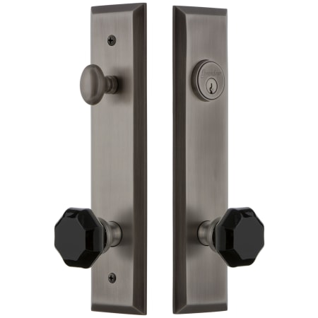 Grandeur Fifth Avenue Solid Brass Rose Tall Plate Single Cylinder Keyed Entry Door Knob Set with Lyon Knob and 2-3/8" Backset Antique Pewter