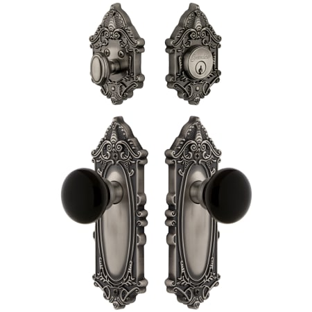 Grandeur Grande Victorian Solid Brass Rose Single Cylinder Keyed Entry Deadbolt and Knobset Combo Pack with Coventry Knob and 2-3/8" Backset Antique Pewter