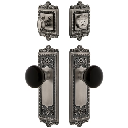 Grandeur Windsor Solid Brass Rose Single Cylinder Keyed Entry Deadbolt and Knobset Combo Pack with Coventry Knob and 2-3/8" Backset Antique Pewter