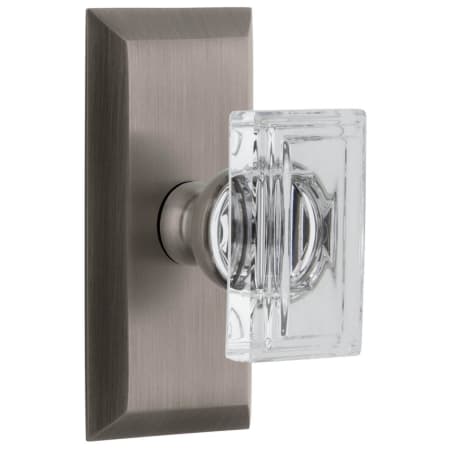 Grandeur Carre Crystal Solid Brass Non-Turning Two-Sided Dummy Door Knob Set with Fifth Avenue Short Trim from the Concealed Screw Collection Antique Pewter
