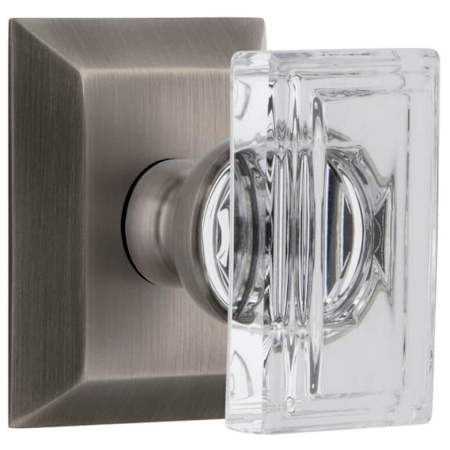 Grandeur Carre Crystal Solid Brass Non-Turning One-Sided Dummy Door Knob with Fifth Avenue Square Trim from the Concealed Screw Collection Antique Pewter