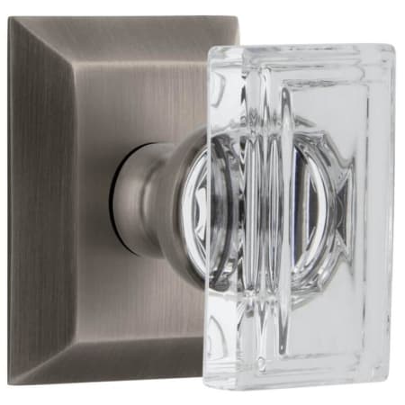 Grandeur Carre Crystal Solid Brass Non-Turning Two-Sided Dummy Door Knob Set with Fifth Avenue Square Trim from the Concealed Screw Collection Antique Pewter