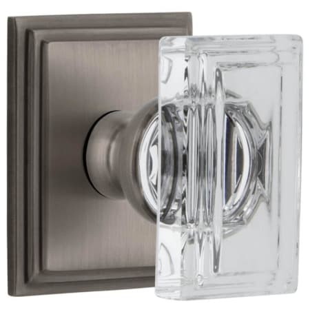 Grandeur Carre Crystal Solid Brass Passage Door Knob Set with Carre Square Trim from the Concealed Screw Collection - 2-3/8" Backset Antique Pewter
