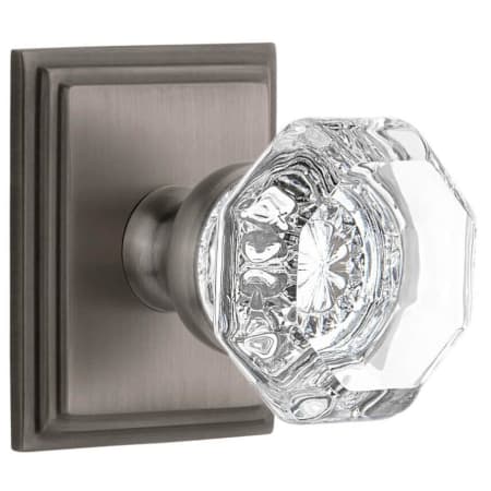 Grandeur Chambord Crystal Solid Brass Non-Turning One-Sided Dummy Door Knob with Carre Square Trim from the Concealed Screw Collection Antique Pewter