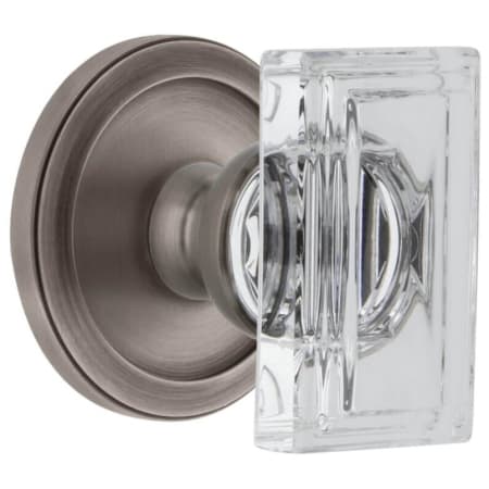 Grandeur Carre Crystal Solid Brass Passage Door Knob Set with Circulaire Trim from the Concealed Screw Collection - 2-3/8" Backset Antique Pewter