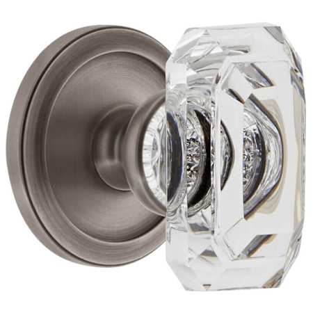 Grandeur Baguette Crystal Solid Brass Privacy Door Knob Set with Circulaire Trim from the Concealed Screw Collection - 2-3/4" Backset Antique Pewter