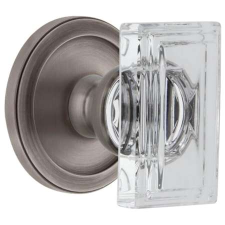 Grandeur Carre Crystal Solid Brass Privacy Door Knob Set with Circulaire Trim from the Concealed Screw Collection - 2-3/4" Backset Antique Pewter