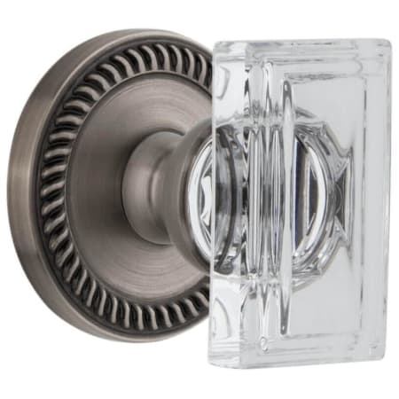 Grandeur Carre Crystal Solid Brass Passage Door Knob Set with Newport Trim from the Concealed Screw Collection - 2-3/8" Backset Antique Pewter