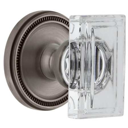 Grandeur Carre Crystal Solid Brass Privacy Door Knob Set with Soleil Trim from the Concealed Screw Collection - 2-3/8" Backset Antique Pewter