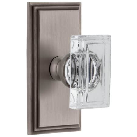 Grandeur Carre Crystal Solid Brass Non-Turning One-Sided Dummy Door Knob with Carre Short Trim from the Concealed Screw Collection Antique Pewter
