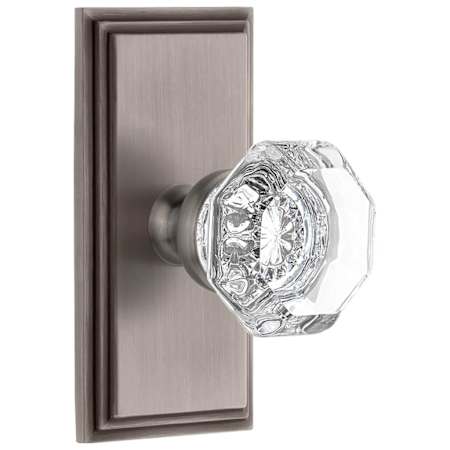 Grandeur Chambord Crystal Solid Brass Non-Turning One-Sided Dummy Door Knob with Carre Short Trim from the Concealed Screw Collection Antique Pewter