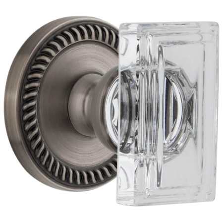 Grandeur Carre Crystal Solid Brass Non-Turning Two-Sided Dummy Door Knob Set with Newport Trim from the Concealed Screw Collection Antique Pewter