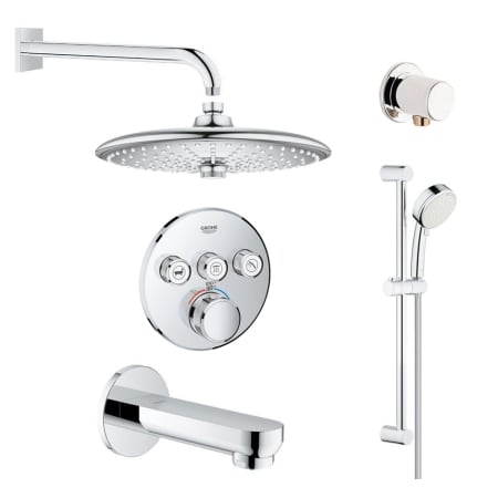 Grohe SmartControl Shower System with Tub Spout, Hand Shower, Slide Bar, Hose, Shower Head, Shower Arm, Wall Supply Elbow, Valve Trim, and Rough In Starlight Chrome