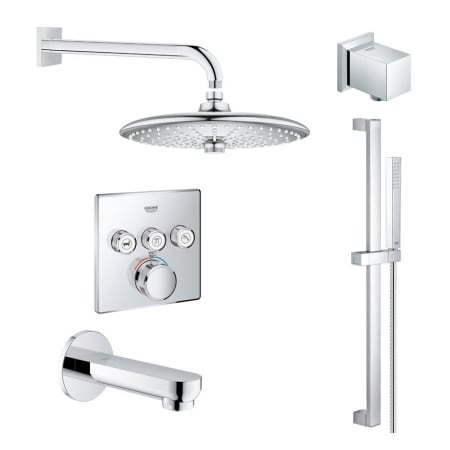 Grohe SmartControl Shower System with Tub Spout, Shower Head, Shower Arm, Wall Supply Elbow, Hand Shower, Valve Trim, and Rough In Starlight Chrome