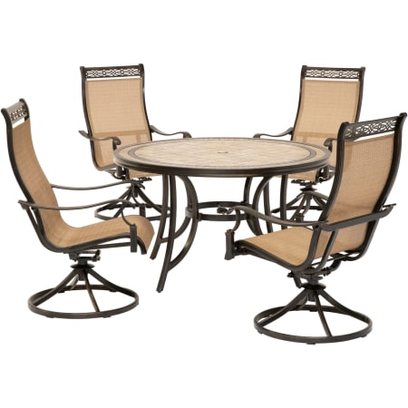 Hanover Monaco 5-Piece Aluminum Framed Outdoor Dining Set with Umbrella Compatible Round Stone Tabletop and Swivel Rocking Sling Chairs Cedar