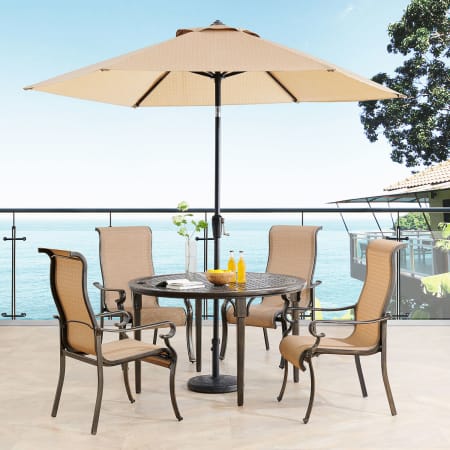 Hanover Brigantine 5 Piece Outdoor Patio Dining Set with 4 Chairs, Table, and Umbrella Bronze / Tan
