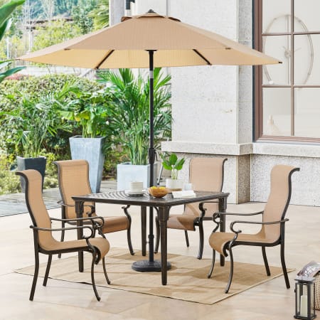 Hanover Brigantine 6 Piece Outdoor Patio Dining Set with 4 Chairs, Square Table, and Umbrella Bronze / Tan