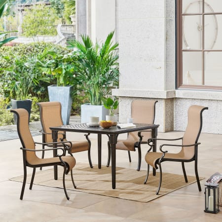 Hanover Brigantine 5 Piece Outdoor Patio Dining Set with 4 Chairs and Square Table Bronze / Tan