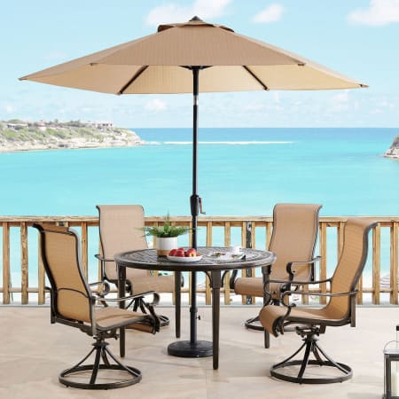 Hanover Brigantine 6 Piece Outdoor Patio Dining Set with (4) Swivel Chairs, Round Table, and Umbrella Bronze / Tan